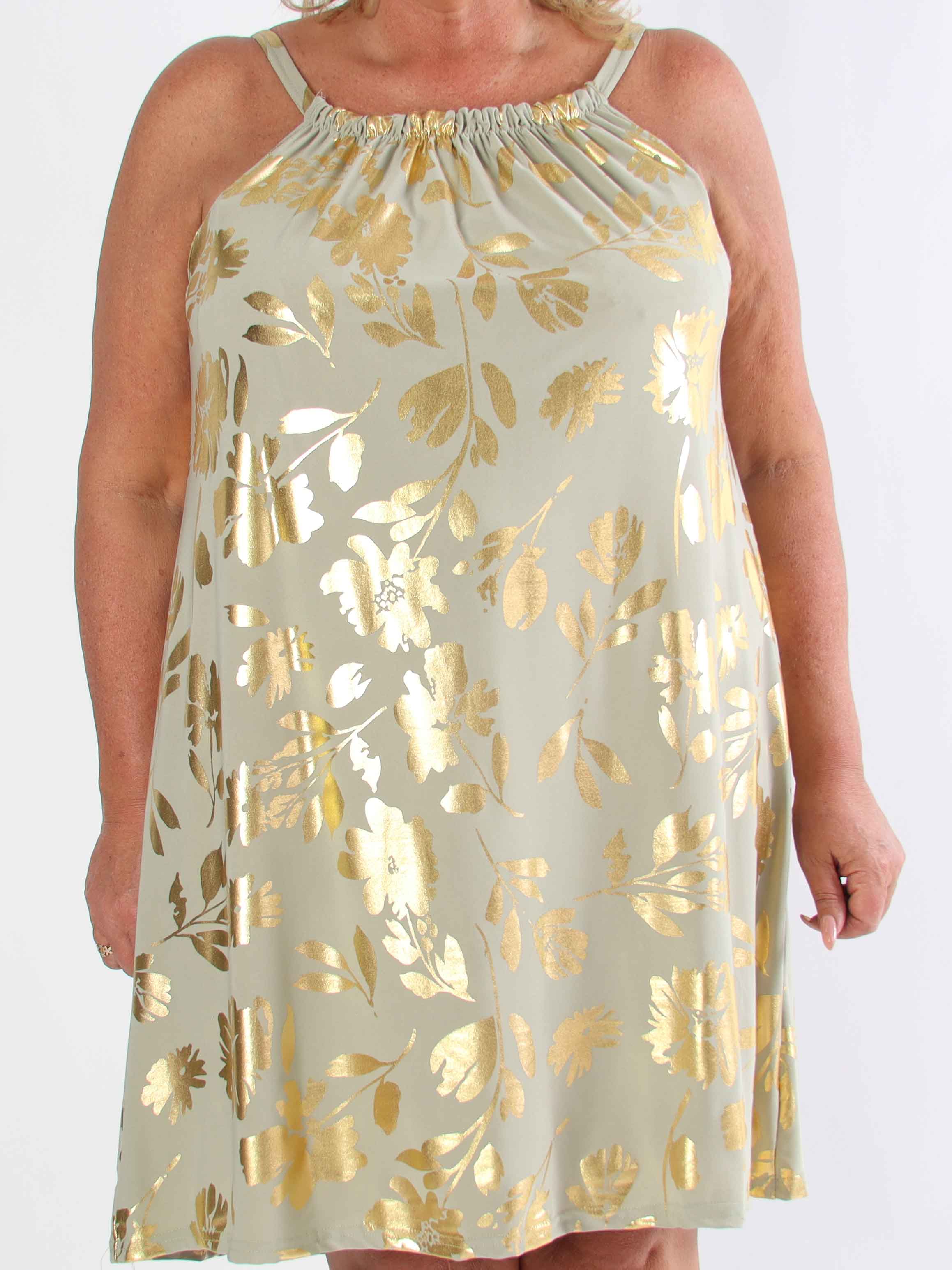 SunLove Gold Flower - Elastisk plus size stropkjole med store guldblade